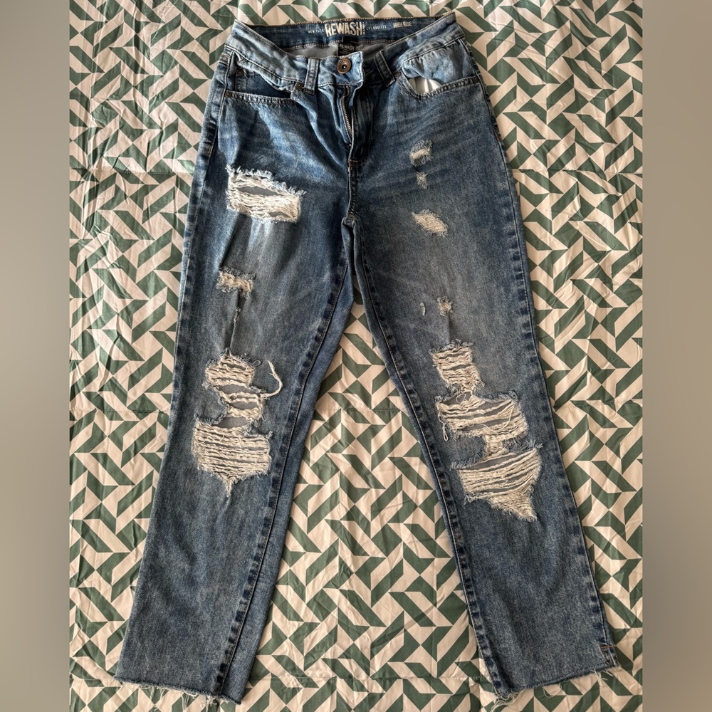 Rewash Distressed Straight Leg Jeans - Dark Blue